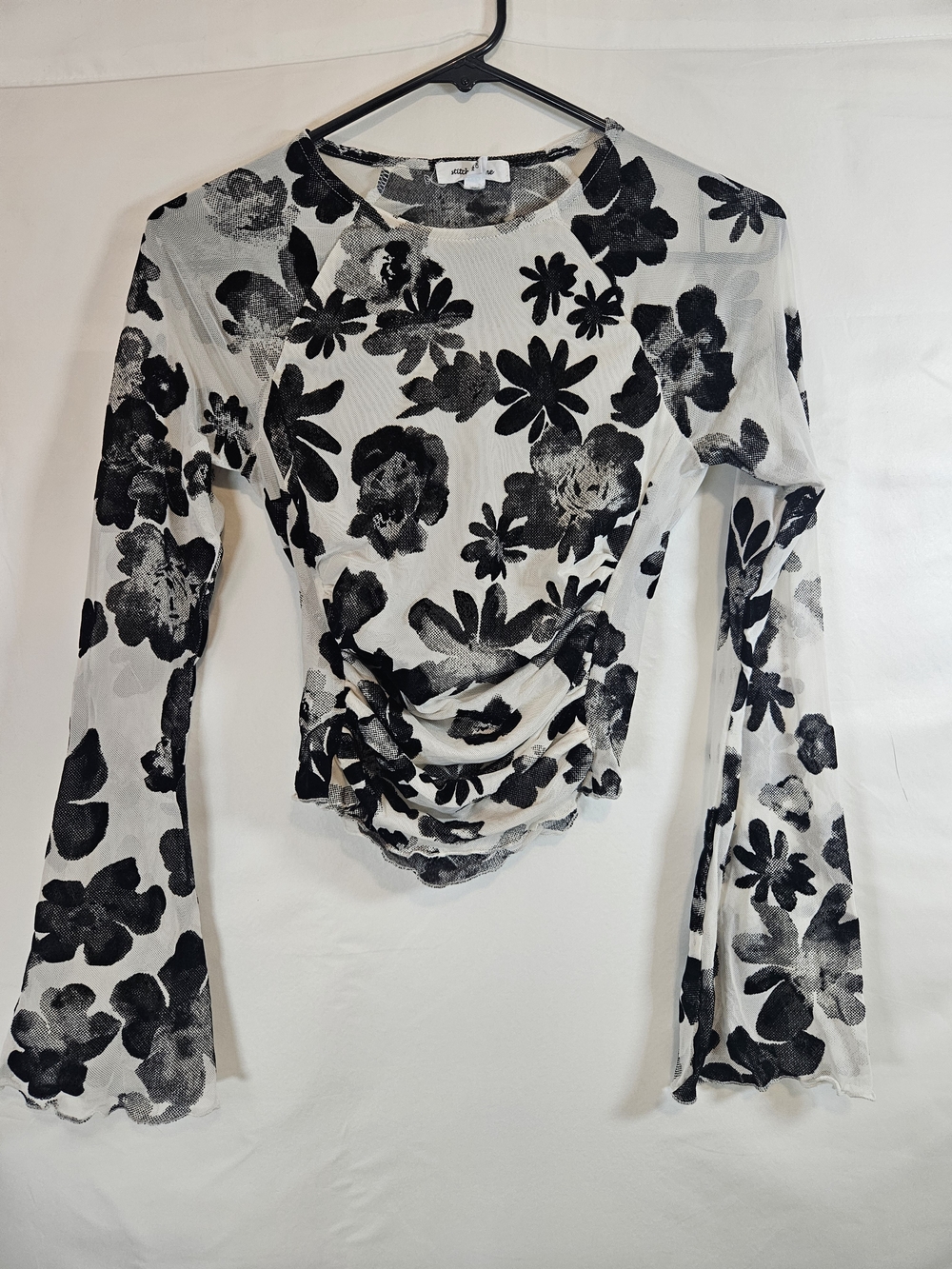 Black & White Floral Ruched Sheer Long-Sleeve Tee Bodycon Party Streetwear